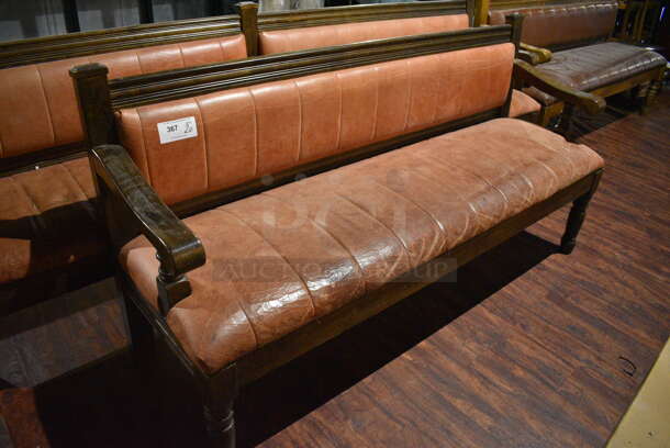 2 Wooden Benches w/ Brown Cushion. 112x22x37, 72x22x37. 2 Times Your Bid! (lounge) - Image 2 of 5