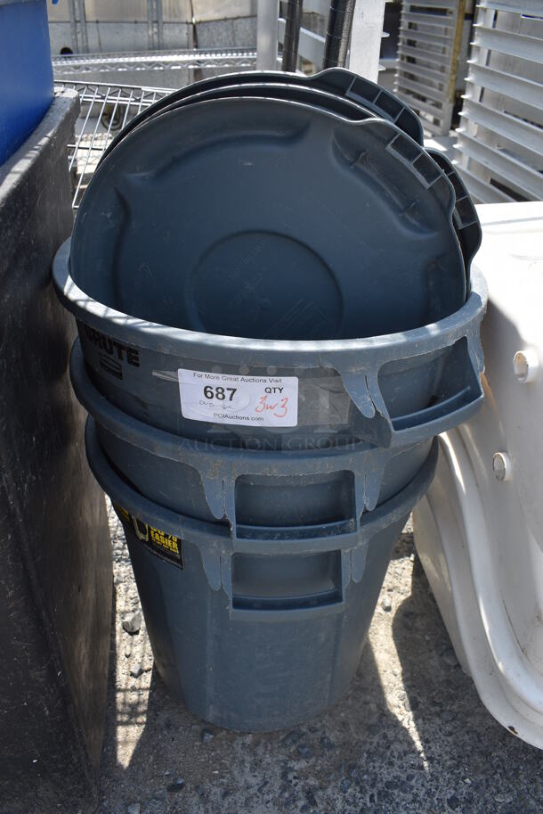 3 Rubbermaid Brute Gray Poly Trash Cans w/ 3 Lids. 17x16x18. 3 Times Your Bid!