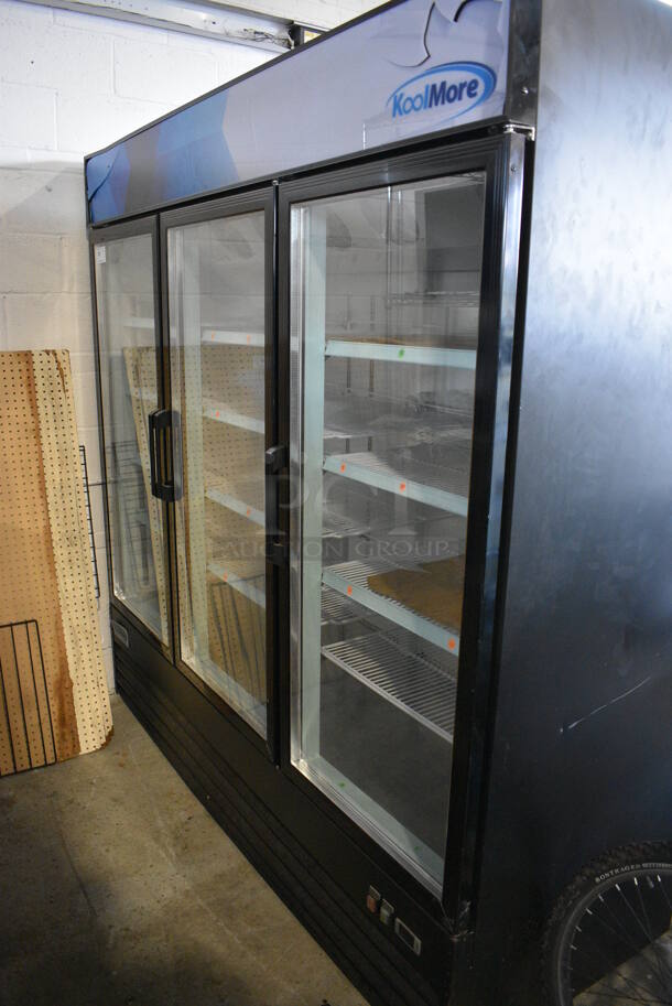 KoolMore Model MDR-3GD Metal Commercial 3 Door Reach In Cooler Merchandiser w/ Poly Coated Racks. 115 Volts, 1 Phase. 78x31x80. Tested and Working!