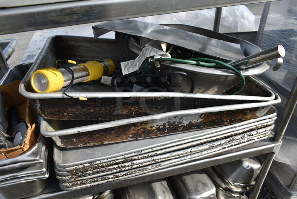 Metal 4 Tier Shelving Unit w/ Contents Including Stainless Steel Drop In Bins and Metal Baking Pans.  - Image 8 of 10