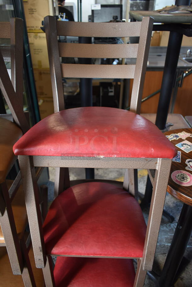 14 Brown Metal Dining Height Chairs; 7 Green Cushions, 4 Tan Cushions and 3 Red Cushions. 14 Times Your Bid! - Image 3 of 4