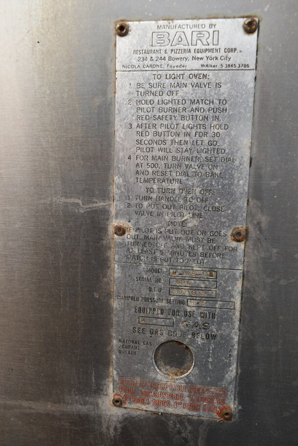 2 Bari M6/48 Stainless Steel Commercial Natural Gas Powered Single Deck Pizza Ovens w/ Cooking Stones in Top Oven. 72,000 BTU. 2 Times Your Bid! - Image 10 of 10