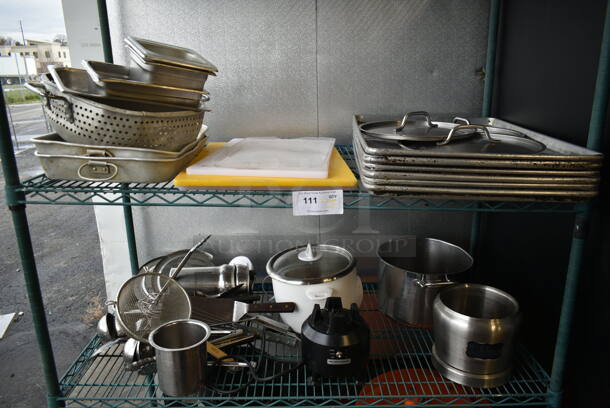 ALL ONE MONEY! 2 Tier Lot of Various Items Including Cutting Boards and Metal Baking Pans.