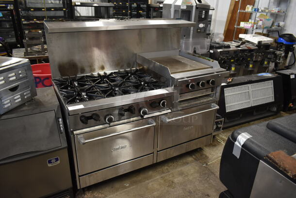 Garland SunFire X60-6R24RR Stainless Steel Commercial Natural Gas Powered 6 Burner Range w/ Right Side Flat Top Griddle, 2 Ovens, Over Shelf and Back Splash. - Image 3 of 12