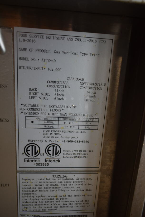 Cook Rite ATFS-40 Stainless Steel Commercial Floor Style Natural Gas Powered Deep Fat Fryer w/ 2 Metal Fry Baskets. 102,000 BTU. - Image 7 of 7