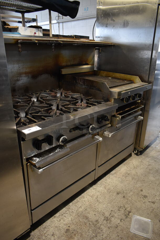 Garland SunFire Stainless Steel Commercial Natural Gas Powered 6 Burner Range w/ Right Side Flat Top Griddle, 2 Ovens, Over Shelf and Back Splash.