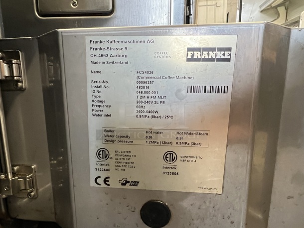 Franke FCS4026 Metal Commercial Countertop Automatic Espresso Machine w/ 2 Hoppers. Missing Lids and Drip Tray. 200-240 Volts, 1 Phase. 12x21x32 - Image 7 of 7