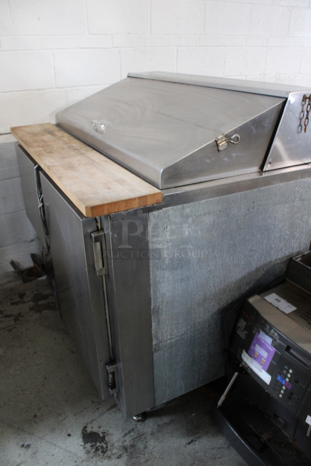 Leader Stainless Steel Commercial Sandwich Salad Make Line Prep Table Bain Marie Top w/ Butcher Block Cutting Board and Various Drop In Bins. 48x32.5x45.5. Tested and Working! - Image 3 of 6