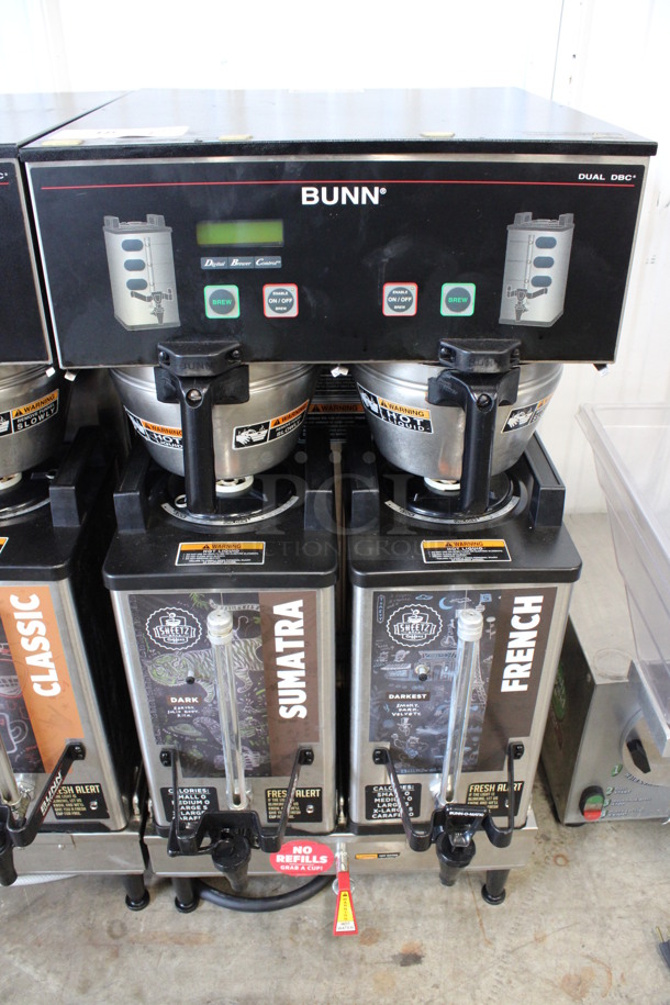 2013 Bunn Model DUAL SH DBC Stainless Steel Commercial Countertop Dual Coffee Machine w/ Hot Water Dispenser, 2 Stainless Steel Brew Baskets and 2 Bunn Model SH SERVER Satellite Servers. 120/208-240 Volts, 1 Phase. 18x24x36. Tested and Working!
