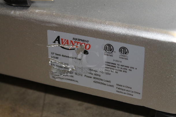 BRAND NEW! Avantco SL312 Stainless Steel Commercial Countertop 12" Manual Gravity Feed Meat Slicer w/ Blade Sharpener. 115 Volts, 1 Phase. Tested and Working! - Image 8 of 8