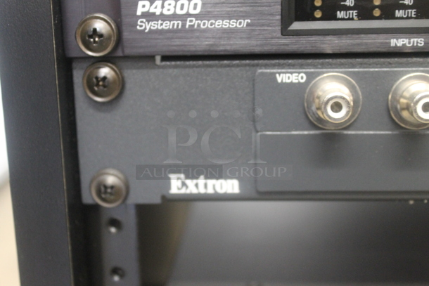 7 Electronic Rack Units in Black Metal Cabinet; Middleby Atlantic Power Center, Crestron Control Processor, Crestron Volume Tone Control, Crown CTs 600, Extron AAP 301 Interface Extron Media Presentation Switcher, Shure P4800 System Processor. 7 Times Your Bid!   - Image 8 of 12