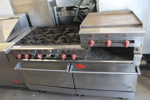 Dynamic Cooking Systems DCS Stainless Steel Commercial Natural Gas Powered 6 Burner Range w/ Right Side Flat Top Griddle and 2 Ovens on Commercial Casters.