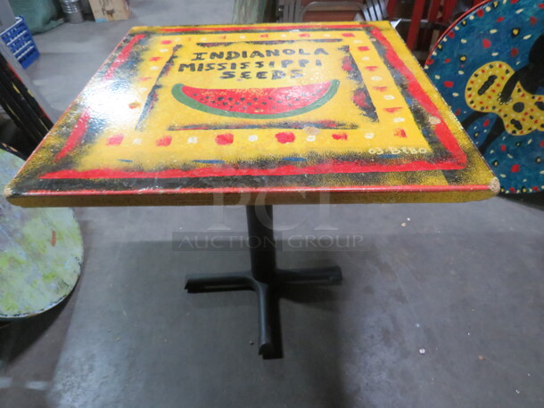One 30X30X30 Painted  Table Top On A Pedestal Base. Indianola Mississippi Seeds. - Image 2 of 2