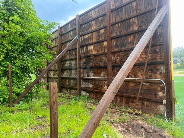 Homerun! Center Billboard Size Wall of Ball Field. Treated Lumber. Wall Constructed of Approx. 9- 8x10' on 2x4/2x6,6x6 Framework.
Sponsor Signs Not Included

BUYER REMOVAL 
**LABOR FOR REMOVAL ADDITIONAL FEE, CONTACT MISSOURI DIVISION FOR LABOR QUOTE OR ADDITIONAL QUESTIONS. - Image 2 of 5
