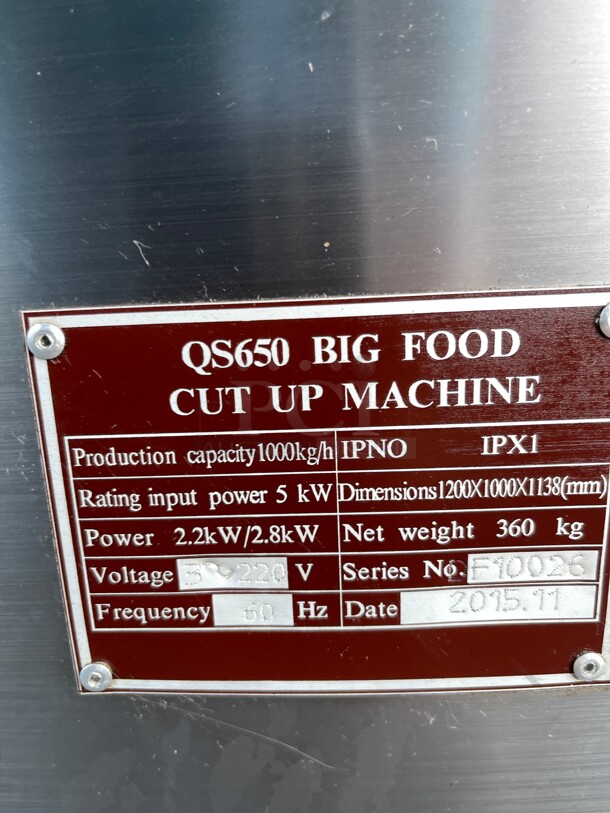 NEW! Big Food 50L 1000Kg Per Hour CE Stainless Steel Commercial Bowl Chopper QS650 220 Volt 3 Phase NSF Tested and Working! - Image 5 of 9