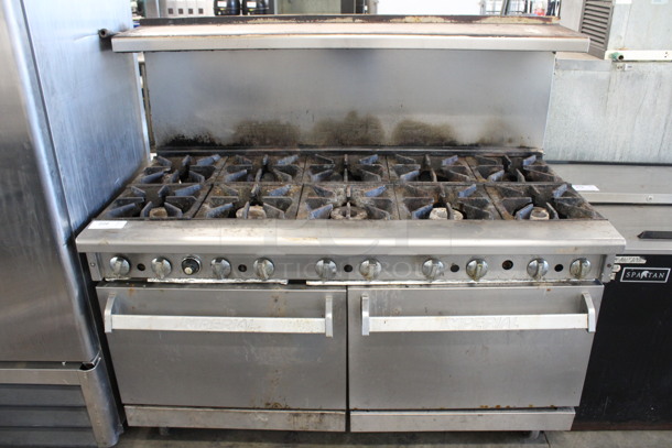 Stainless Steel Commercial Propane Gas Powered 10 Burner Range w/ 2 Ovens and Over Shelf on Commercial Casters. 60x32x57