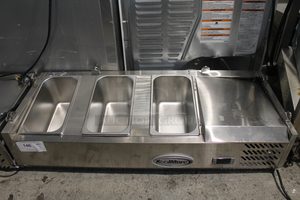 BRAND NEW SCRATCH AND DENT! KoolMore SCDC-3P-SSL Stainless Steel Commercial Countertop Refrigerated Rail w/ 3 Drop In Bins. 115 Volts, 1 Phase. Tested and Does Not Power On - Image 1 of 11