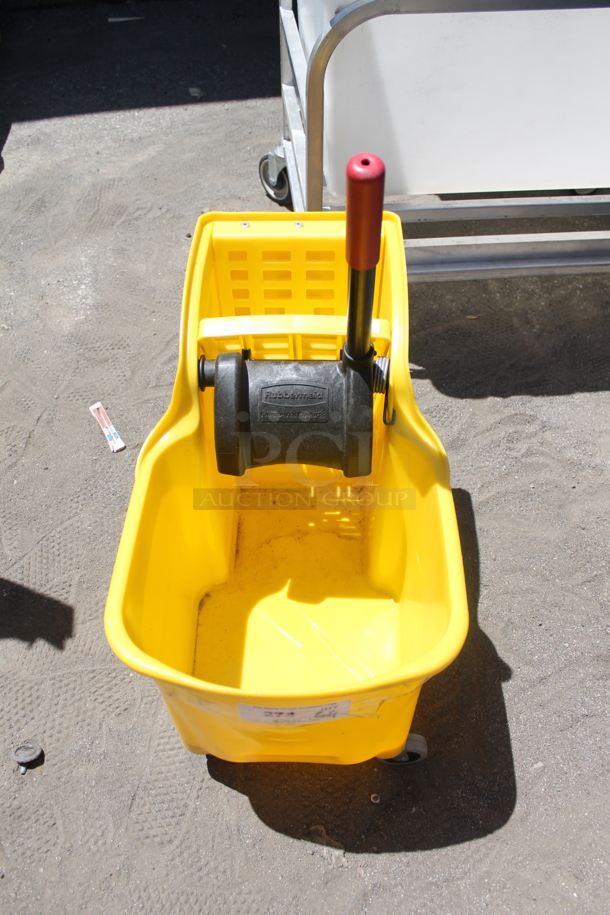 Rubbermaid Yellow Poly Mop Bucket w/ Wringing Attachment on Commercial Casters.