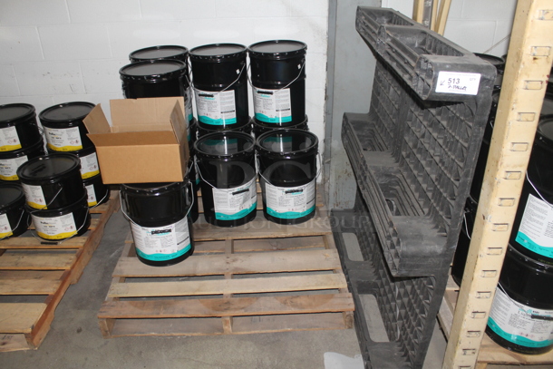 ALL ONE MONEY! PALLET LOT of ProGuard Moisture Cure Liquid Rubber Buckets and Black Poly Pallet. BUYER MUST REMOVE. - Image 1 of 4