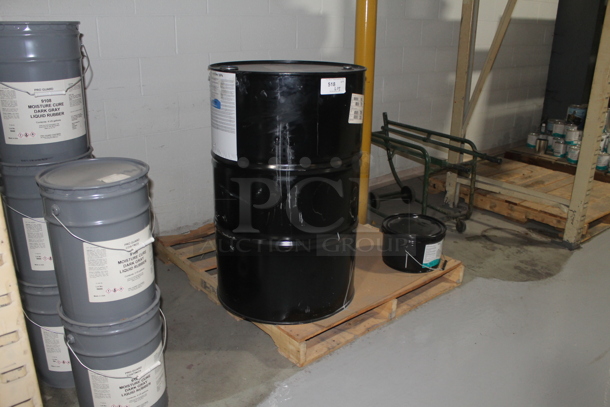 ALL ONE MONEY! Lot of Various Items Including Black Metal Barrel, Gray Poly Buckets of Moisture Cure Dark Gray Liquid Rubber and Metal Frame. BUYER MUST REMOVE. - Image 2 of 6