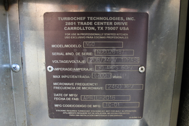2016 Turbochef NGO Metal Commercial Countertop Electric Powered Rapid Cook Oven. 208/240 Volts, 1 Phase.  - Image 4 of 4