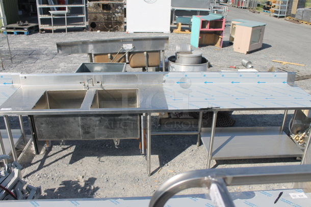 BRAND NEW! ACS FAB LLC Stainless Steel Commercial Table w/ 2 Sink Basins, Faucet, Handles, Back Splash and Under Shelf. - Image 1 of 5