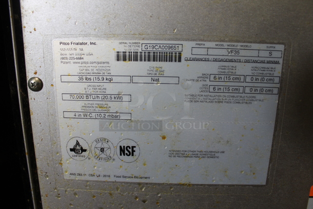 2019 Pitco Frialator VF35 Stainless Steel Commercial Floor Style Natural Gas Powered Deep Fat Fryer w/ 2 Metal Fry Baskets on Commercial Casters. 70,000 BTU.  - Image 5 of 5