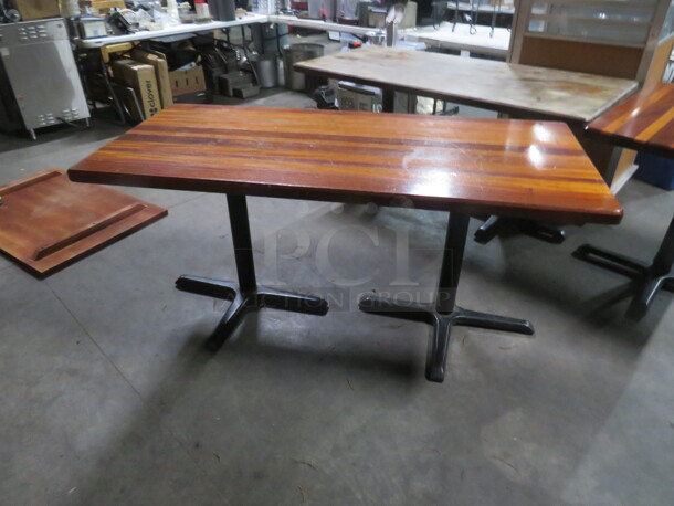 One BEAUTIFUL 2 Inch Thick Butcher Block Table Top On A Dual Pedestal Base.  66X30X29