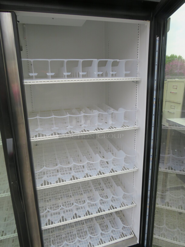 One WORKING True 2 Door Refrigerated Glass Display Merchandiser With 10 Racks And Soda Racking. Model# GDM-49-HC-TSL01. 115 Volt. 54X29.5X79.5 - Image 3 of 4