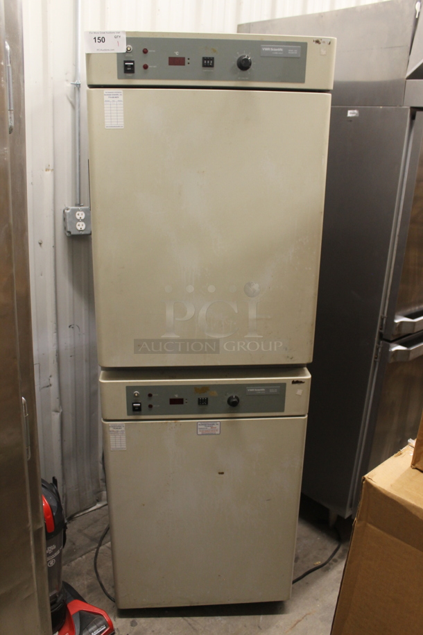 2 VWR Scientific 1565 Commercial Electric Double Stack Incubator. 115 Volts, 1 Phase  2 Times Your Bid!  Tested and Top Cabinet Does Not Power On and Bottom Cabinet Does Not Get Warm