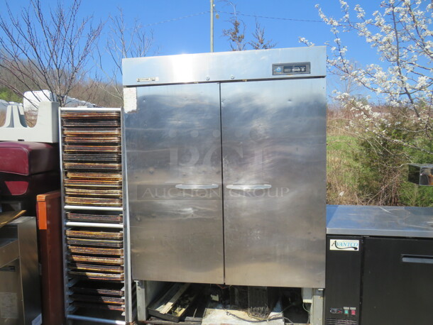 One Beverage Air 2 Door SS Refrigerator With 4 Racks, On Casters. Working Not Cold. Missing Bottom Panel. 115 Volt. Model# KR48-1AS. 54X31X82. $6620.50 - Image 1 of 2