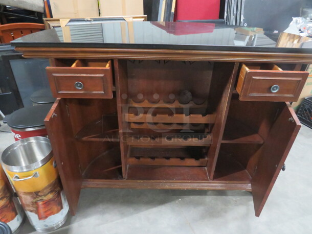 One Wooden Half Circle Bar With 2 Doors, 2 Drawers, 3 Wine Holder Racks, Footrail, And Black Granite Top. NICE!!! 69.5X28X52 - Image 6 of 7
