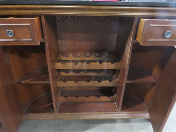 One Wooden Half Circle Bar With 2 Doors, 2 Drawers, 3 Wine Holder Racks, Footrail, And Black Granite Top. NICE!!! 69.5X28X52 - Image 7 of 7