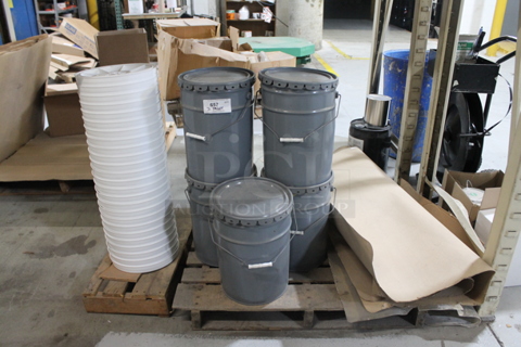 ALL ONE MONEY! TWO PALLET LOT of Various Items Including Gray Buckets and White Lids. BUYER MUST REMOVE.