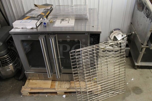 	BRAND NEW SCRATCH AND DENT! 2023 Mainstreet FGC100 Stainless Steel Commercial Natural Gas Powered Full Size Convection Oven w/ View Through Doors, Metal Oven Racks and Thermostatic Controls. No Legs. Comes w/ Gas Hose Kit! 54,000 BTU - Image 2 of 10