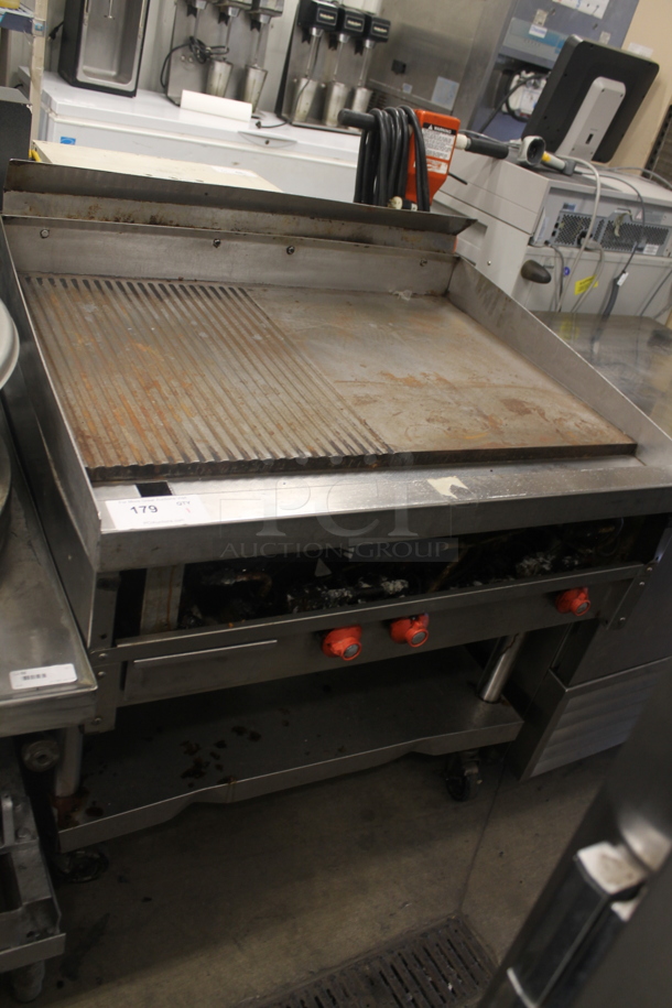 Commercial Stainless Steel Natural Gas Powered Griddle/Charbroiler On Cart With Undershelf And Commercial Casters. 