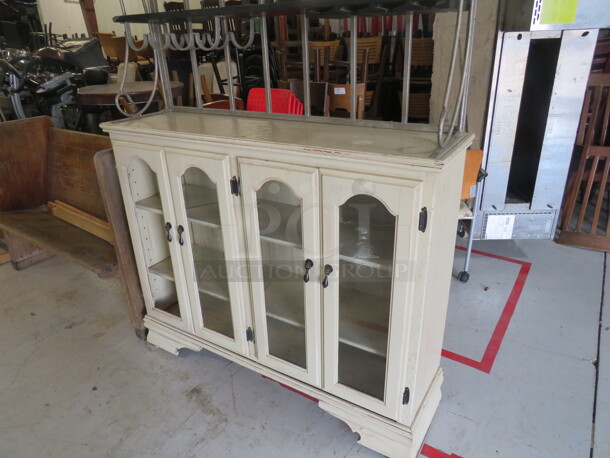 One Wooden/Metal 2 Piece Buffet/Wine Holder, With 4 Doors And 2 Under Shelves, And 2 Over Shelves With Wine Bottle And Glass Holders. One Door Glass Broken. 50X13X85 - Image 5 of 5