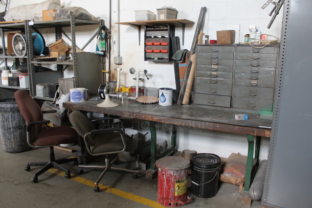 ALL ONE MONEY! Lot of Table, Contents Including Metal Cabinet and 2 Office Chairs.. BUYER MUST REMOVE. - Image 1 of 9