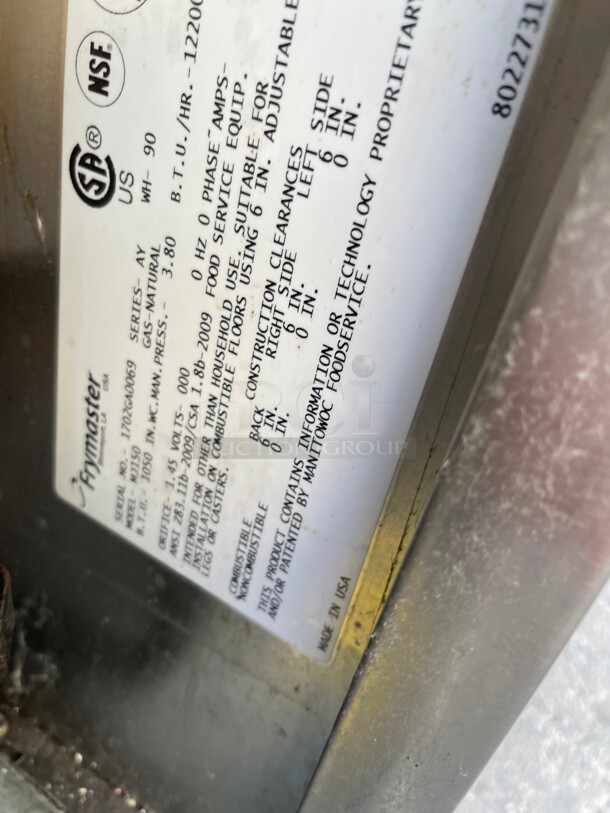 Late Model! Frymaster MJ150 Natural Gas Floor Commercial Fryer 40-50 lb. - 122,000 BTU NSF Tested and Working! 16x32x50 - Image 7 of 9