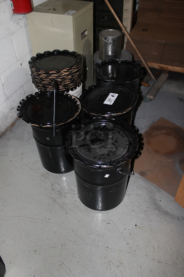 ALL ONE MONEY! Lot of 7 Black Metal Pails w/ Various Lids. - Image 2 of 3