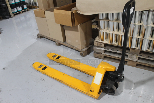 Uline H-1193 Metal Yellow Narrow Fork Pallet Jack Pallet Truck.  - Image 3 of 5