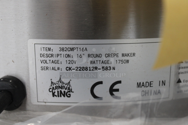 BRAND NEW SCRATCH AND DENT! Carnival King 382CMPT16A Stainless Steel Commercial Countertop 16" Crepe Maker. 120 Volts, 1 Phase. Tested and Working! - Image 5 of 5