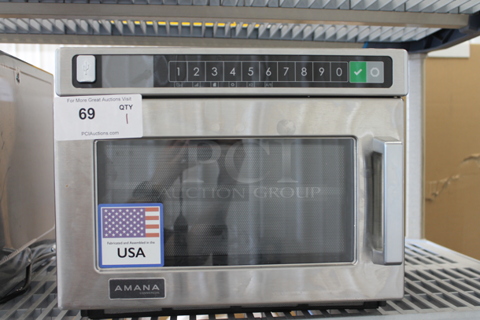 BRAND NEW SCRATCH AND DENT! 2022 Amana HDC12A2 Stainless Steel Commercial Countertop Microwave Oven. 120 Volts, 1 Phase. 