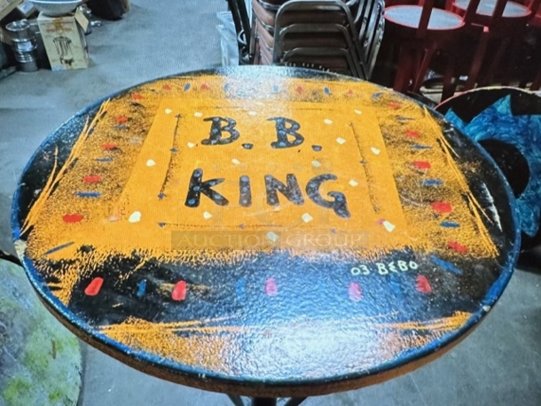 One 30X30X342 Abstract Round Painted  Table Top On A Bar Height Pedestal Base. BB KING - Image 1 of 2