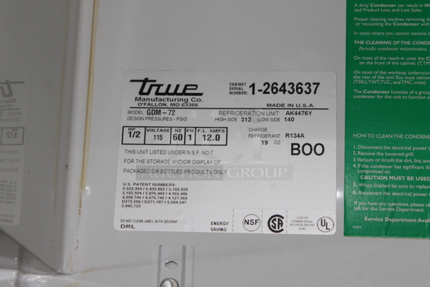 True GDM-72 Metal Commercial 3 Door Reach In Cooler Merchandiser w/ Poly Coated Racks. 115 Volts, 1 Phase. Tested and Working! - Image 9 of 9