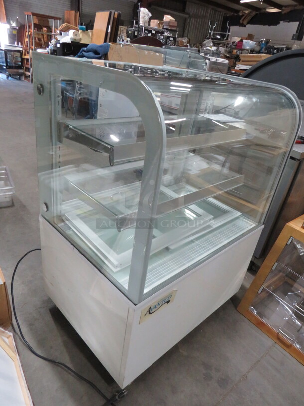 One WORKING Avantco Refrigerated Display Case, With 2 Glass Shelves And 2 Rear Sliding Doors, On Casters. 110-120 Volt. #193BCD36W. 36X27X48 - Image 2 of 3