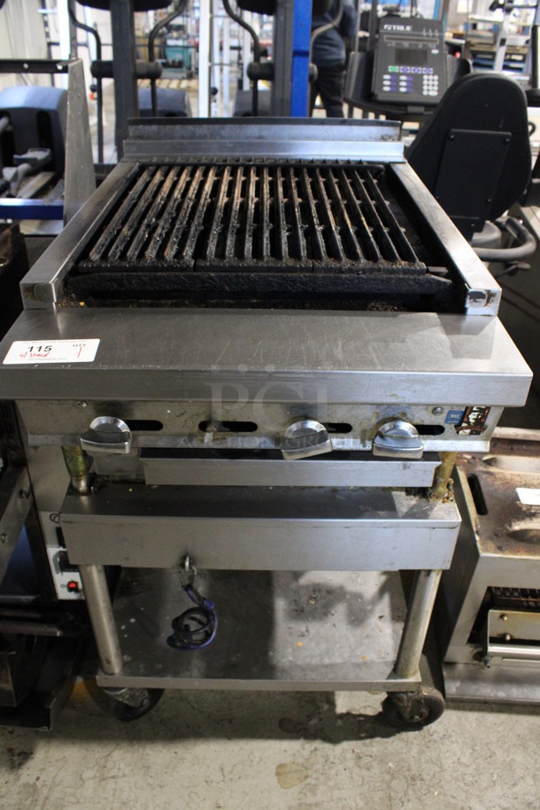 Montague Stainless Steel Commercial Natural Gas Powered Charbroiler Grill on Stainless Steel Equipment Stand w/ Commercial Casters. 24x37x18, 24x31x24