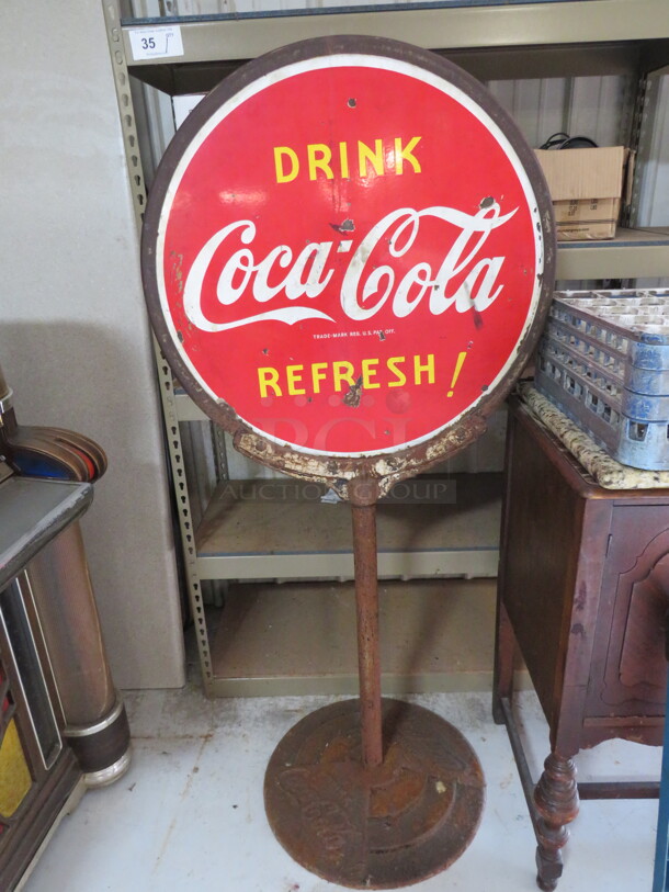 One 1938 VINTAGE Coca Cola Lollipop Dual Sided Metal Sidewalk Sign. Very Heavy Base With Coca Cola On The Base. DONT LET THIS ONE PASS YOU BY!!!
