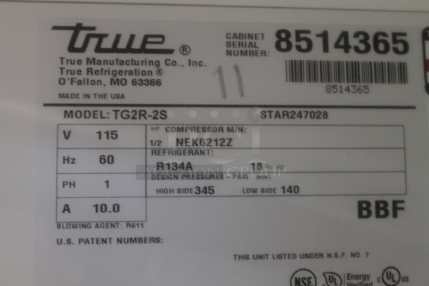 2015 True TG2R-2S ENERGY STAR Stainless Steel Commercial Two Door Reach In Cooler w/ Poly Coated Racks on Commercial Casters. 115 Volts, 1 Phase. Tested and Working! - Image 7 of 7