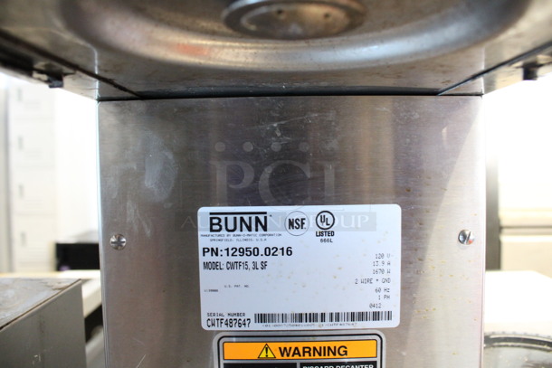 2012 Bunn Model CWTF15 Stainless Steel Commercial Countertop 3 Burner Coffee Machine w/ Poly Brew Basket and 2 Coffee Pots. 120 volts, 1 Phase. 16x21x17 - Image 4 of 5